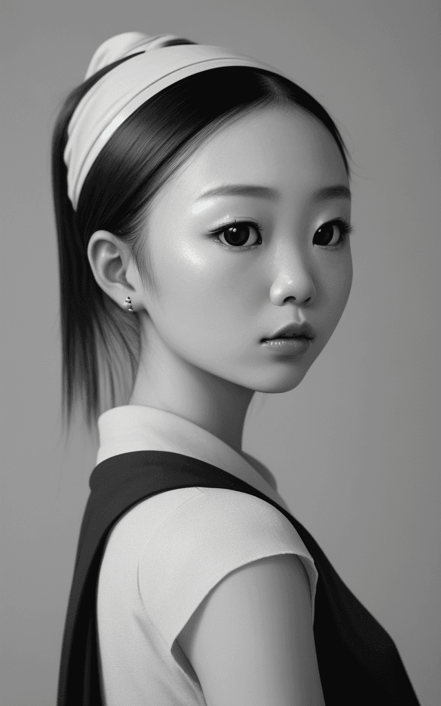 AI generated: modern contemporary black and white photograph of a Korean girl with a pearl earring, fine details