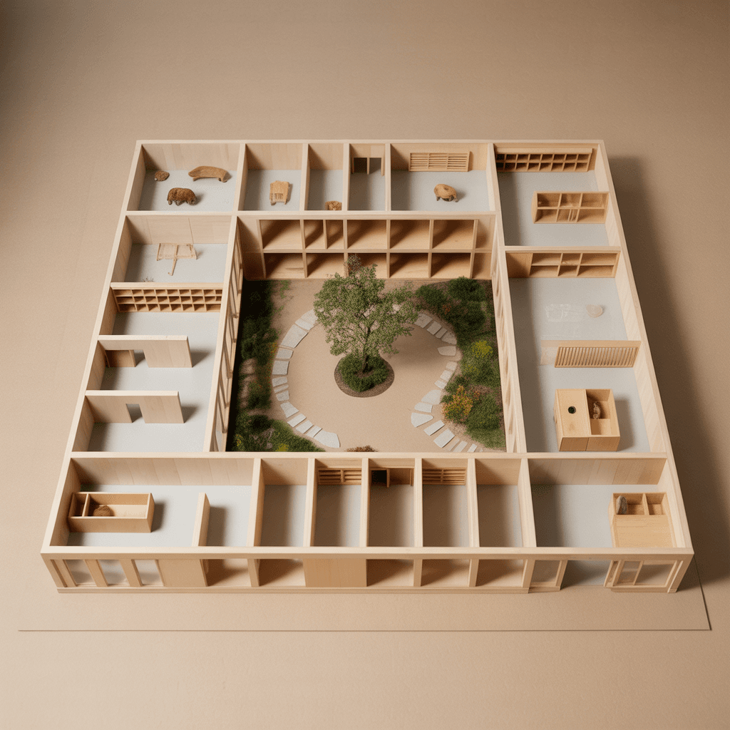 AI generated: A minimalist architectural model of a modern educational school complex designed according to Montes...