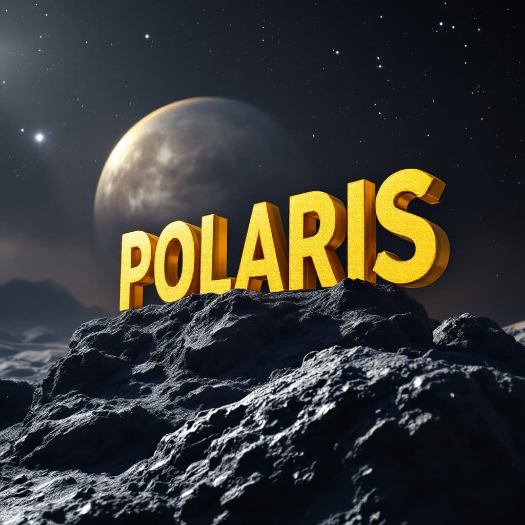 AI generated: word POLARIS standing on the moon, space on background, yellow letter, ultra realistic, 3d render, c...