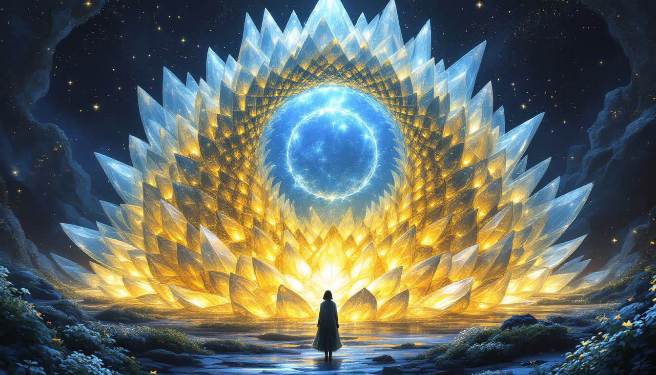 AI generated: A colossal, ancient mirror formed of countless crystal petals, glowing softly in an endless twilight...