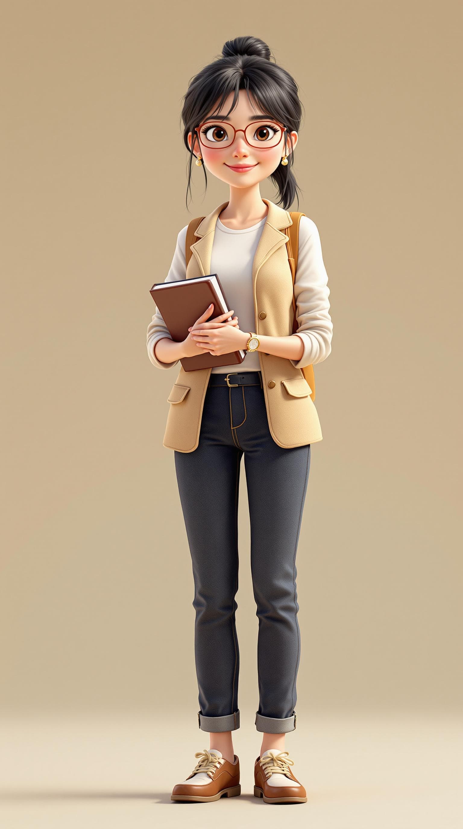 AI generated: Cartoon image of a 30-year-old Chinese female teacher, in casual professional attire, carrying a boo...