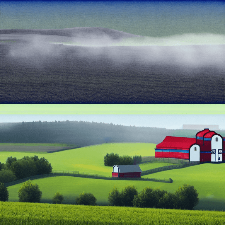 AI generated: Generate a realistic image with a foggy landscape, envision a picturesque dairy farm nestled in the ...