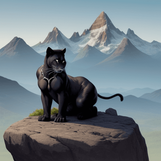 AI generated: a young black panther sitting on a rock outcropping, with mountains in the distant background. Make ...
