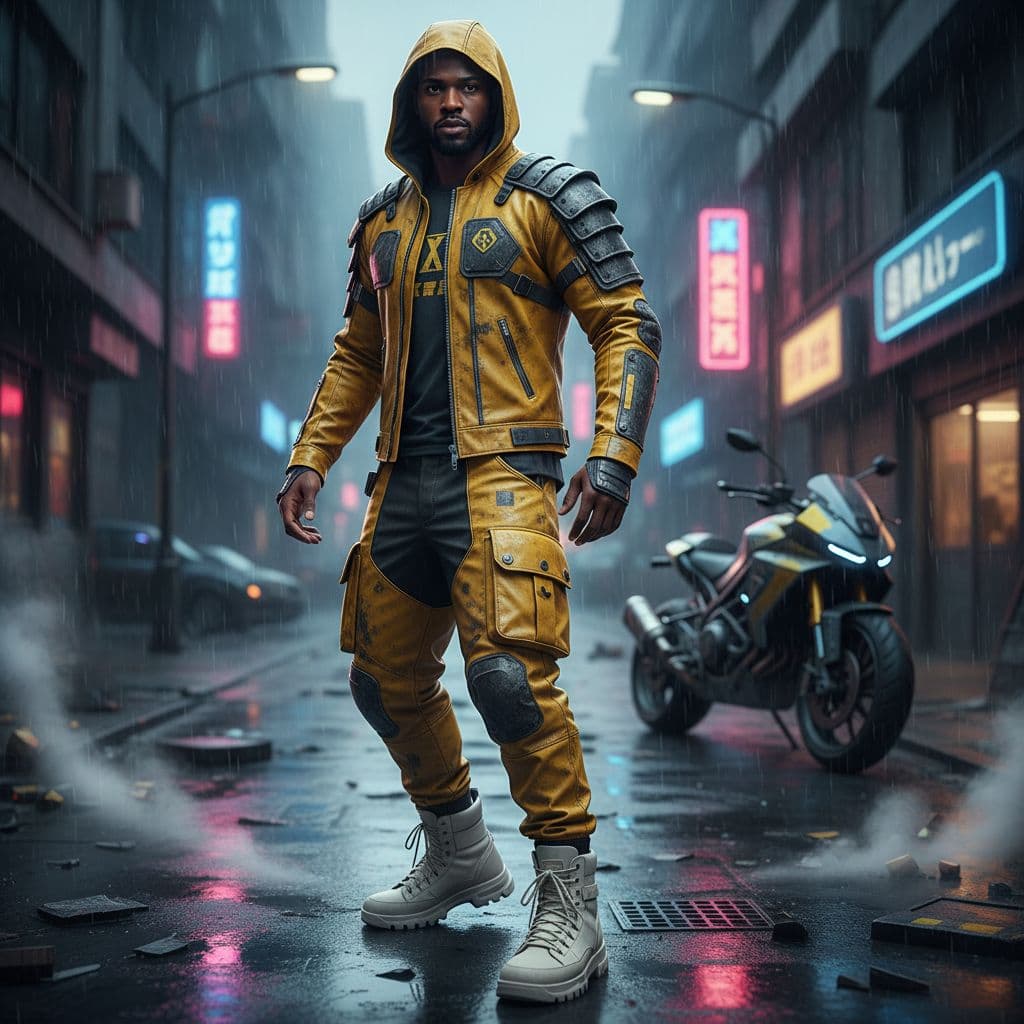 AI generated: Dark-skinned male figure, mid-20s,  wearing a stylized,  yellow, leather-like,  multi-layered  outfi...