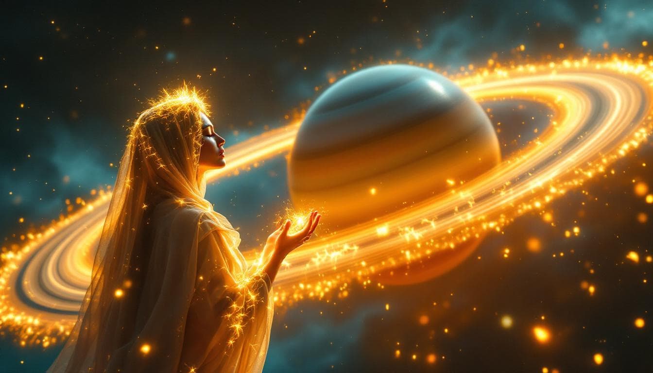 AI generated: YouTube thumbnail 16:9, cinematic space scene. Center: a Saturn-like planet with broad rings wrapped...