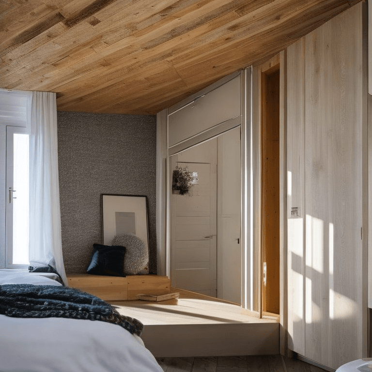 AI generated: Scandinavian bedroom interior design bedroom, 3x3m² space, double bed, workspace, wardrobe, and en-s...