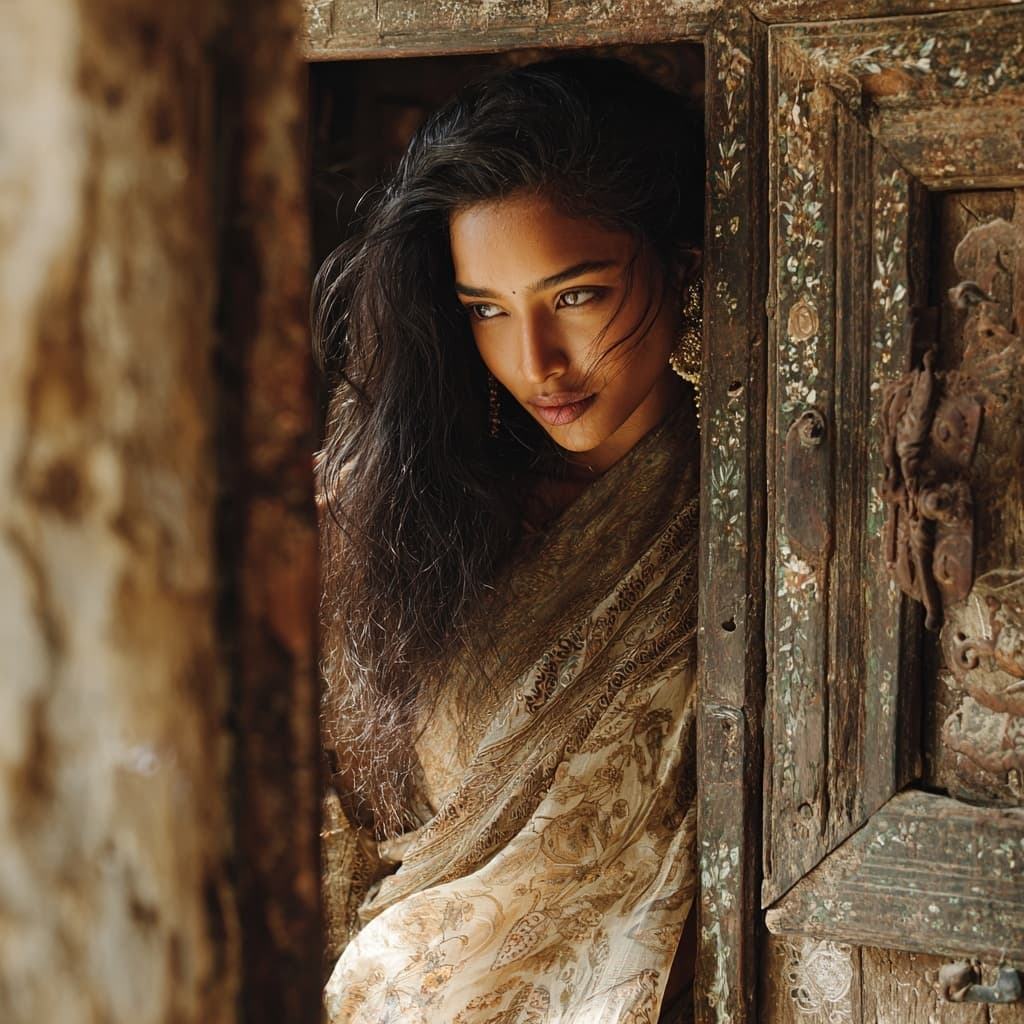 AI generated: A breathtakingly beautiful, voluptuous, curvy Indian woman stands gracefully at the threshold of an ...