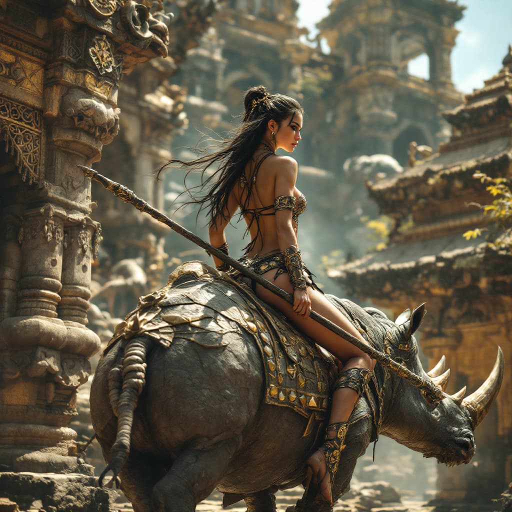 AI generated: Full body shot side view of a young beautiful women warrior queen-pirate in an exquisite costume wit...