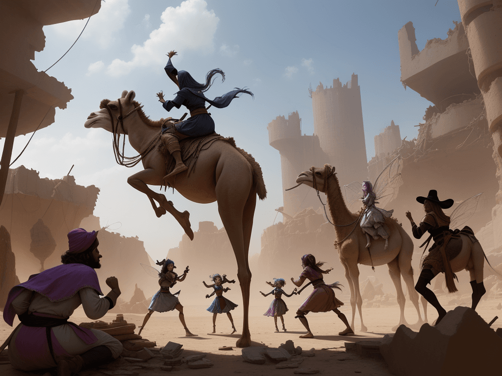 AI generated: a concept art with dutch angle shot of a group with a wizard, a witch, a little fairy and a karate g...