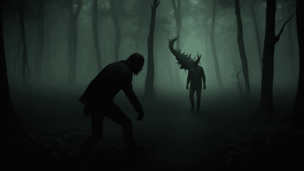 AI generated: horror movie cover. a man comes to the forest to catch a scary monster.