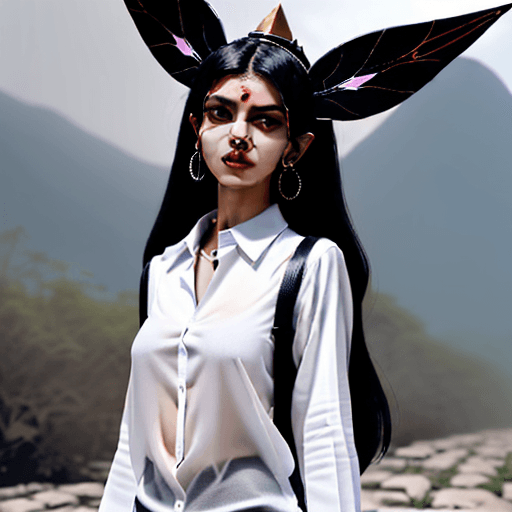 AI generated: Rahu from path to nowhere game. She is wearing white shirt. 
