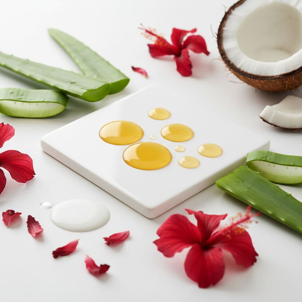 AI generated: Macro shot of natural ingredients for hair care: argan oil drops, aloe vera leaves, coconut, and hib...