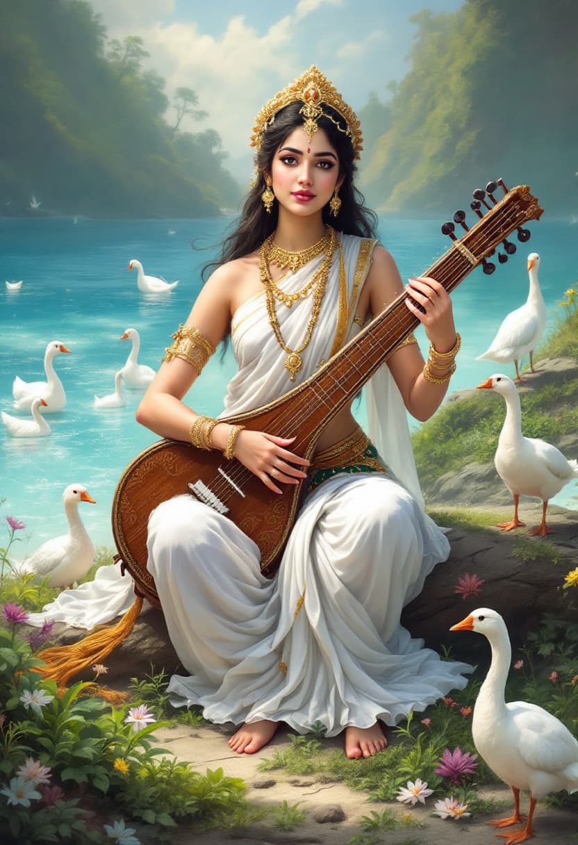 AI generated: A beautiful saraswatee goddess in a white sari playing veena,White goose,wild flowers,greenery, in t...
