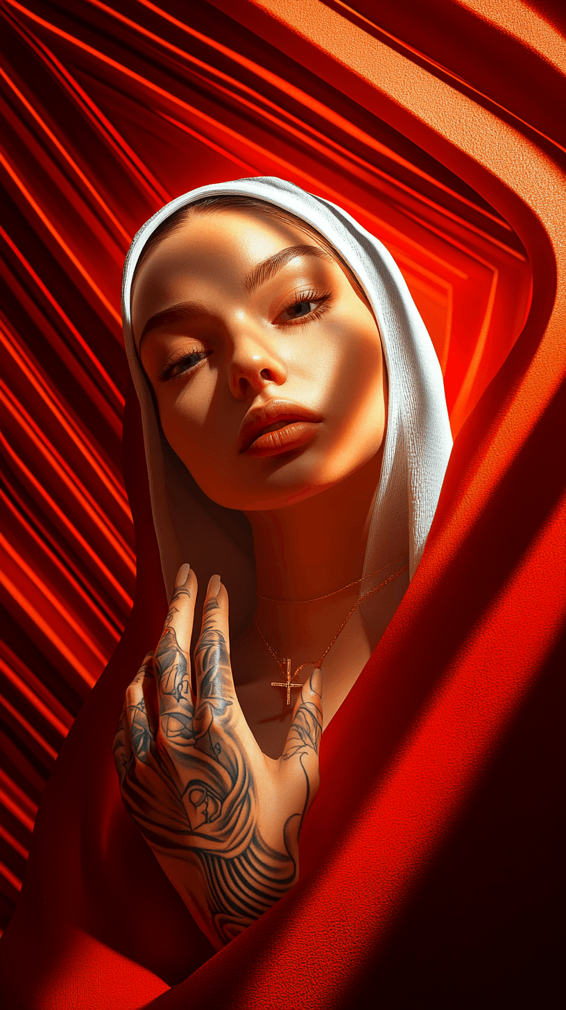 AI generated: Full body view of a young beautiful tattooed nun with a modern twist. She wears traditional nun atti...
