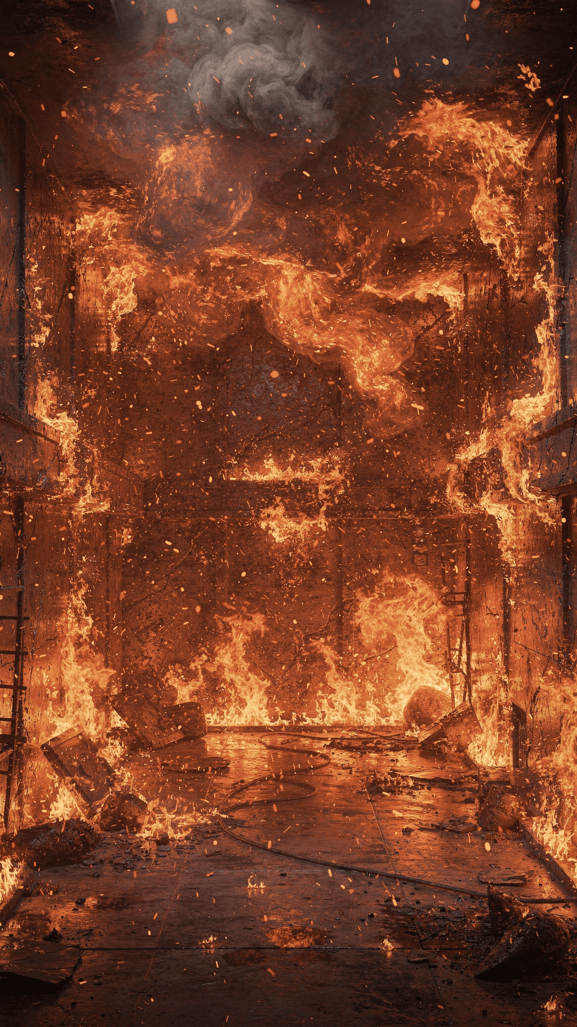 AI generated: a 3d room with full off fire and sparks