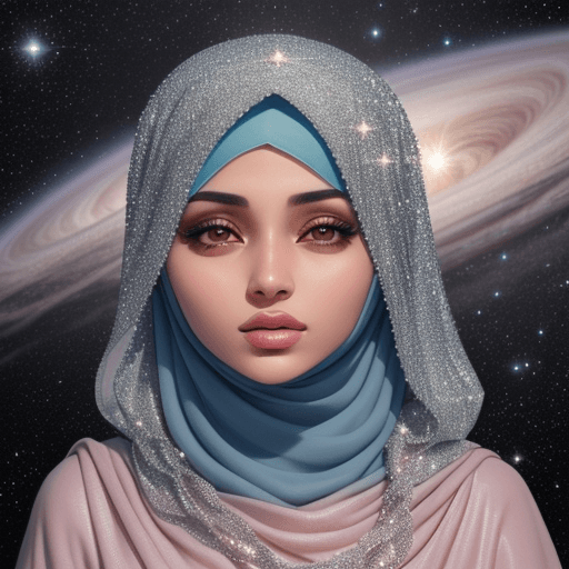 AI generated: Muslim hijabi women covered in diamonds, hyper realistic, floating in the universe --ar 9:16