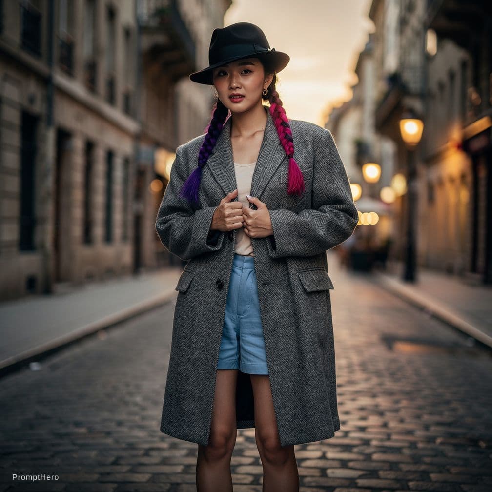 AI generated: Young Asian slim woman with two braids — one purple, one dark pink — wearing a black men's vintage h...