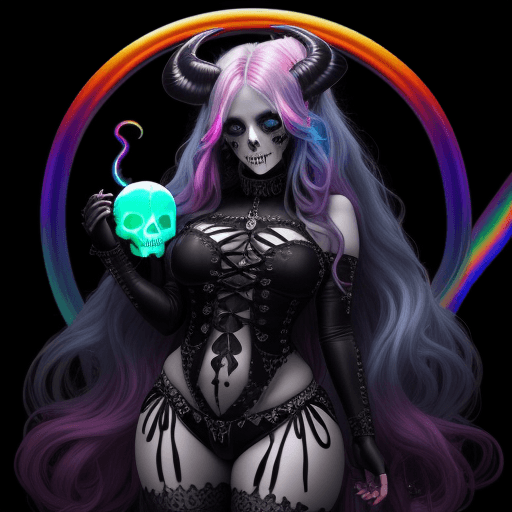 AI generated: Gorgeous demon girl with long rainbow hair, curvy body, black gothic style clothing, holding a glowi...