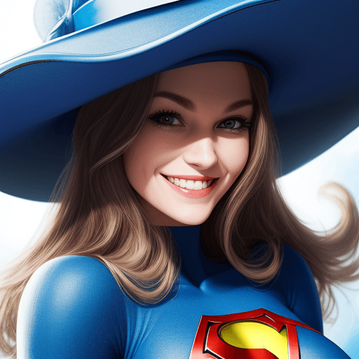 AI generated: Male super-hero close-up portrait with a large blue hat and a big smile.