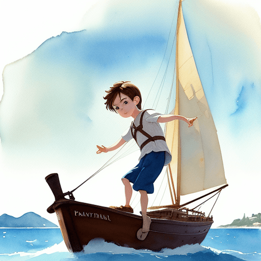 AI generated: A little boy with brown hair, Pixar style, on a sailing boat with an old captain pointing off the se...