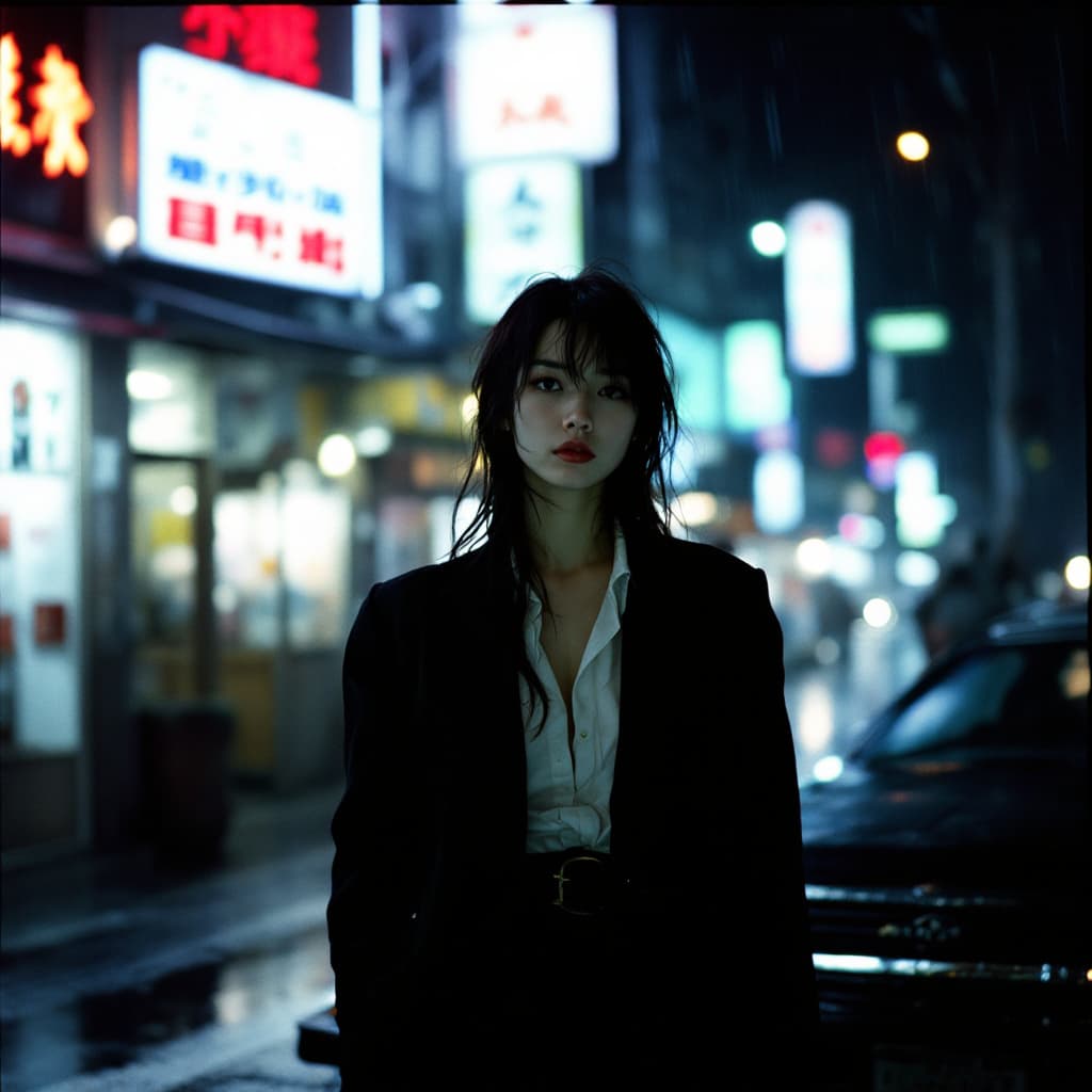 AI generated: 35mm shot of a pertty woman standing in front of a building next to a car, Shibuya, Tokyo, Japan, dr...