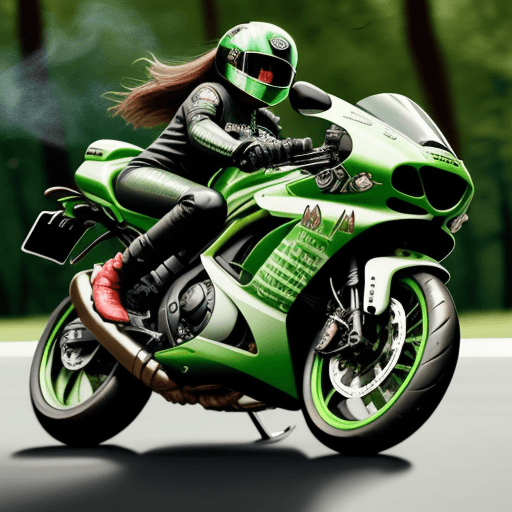 AI generated: o femeie fumoasa motociclist imbracata in verde ,ochii verzi bruneta par lung
