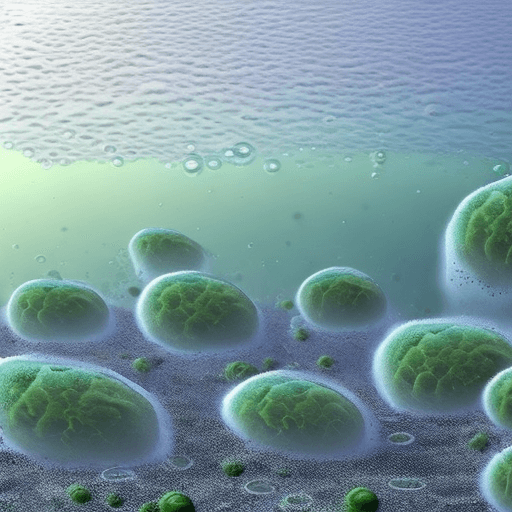 AI generated: strange single-celled organisms, toxic, oxygen-free atmosphere, early land plants, cyanobacteria rel...