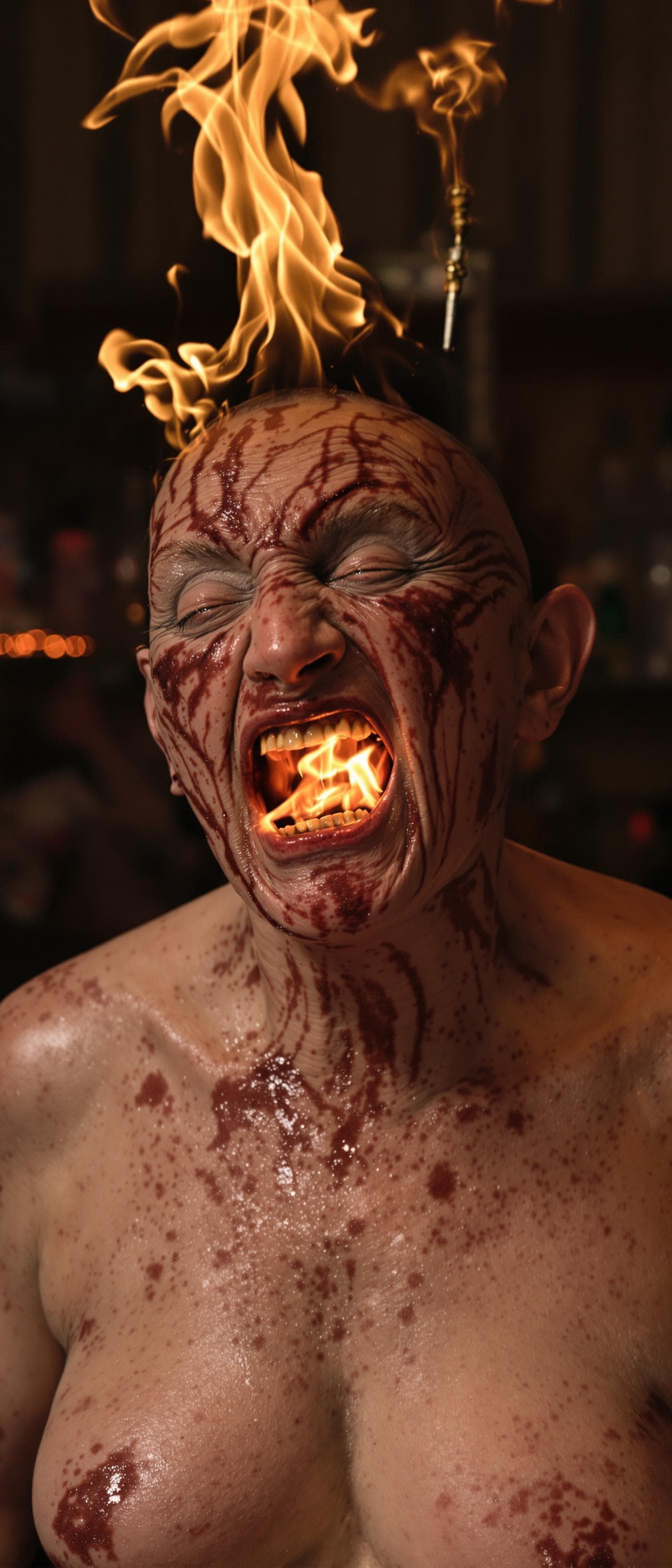 AI generated: An ugly face woman with ugly body  dancing in a party with fire from her mouth  . She is bald . She ...