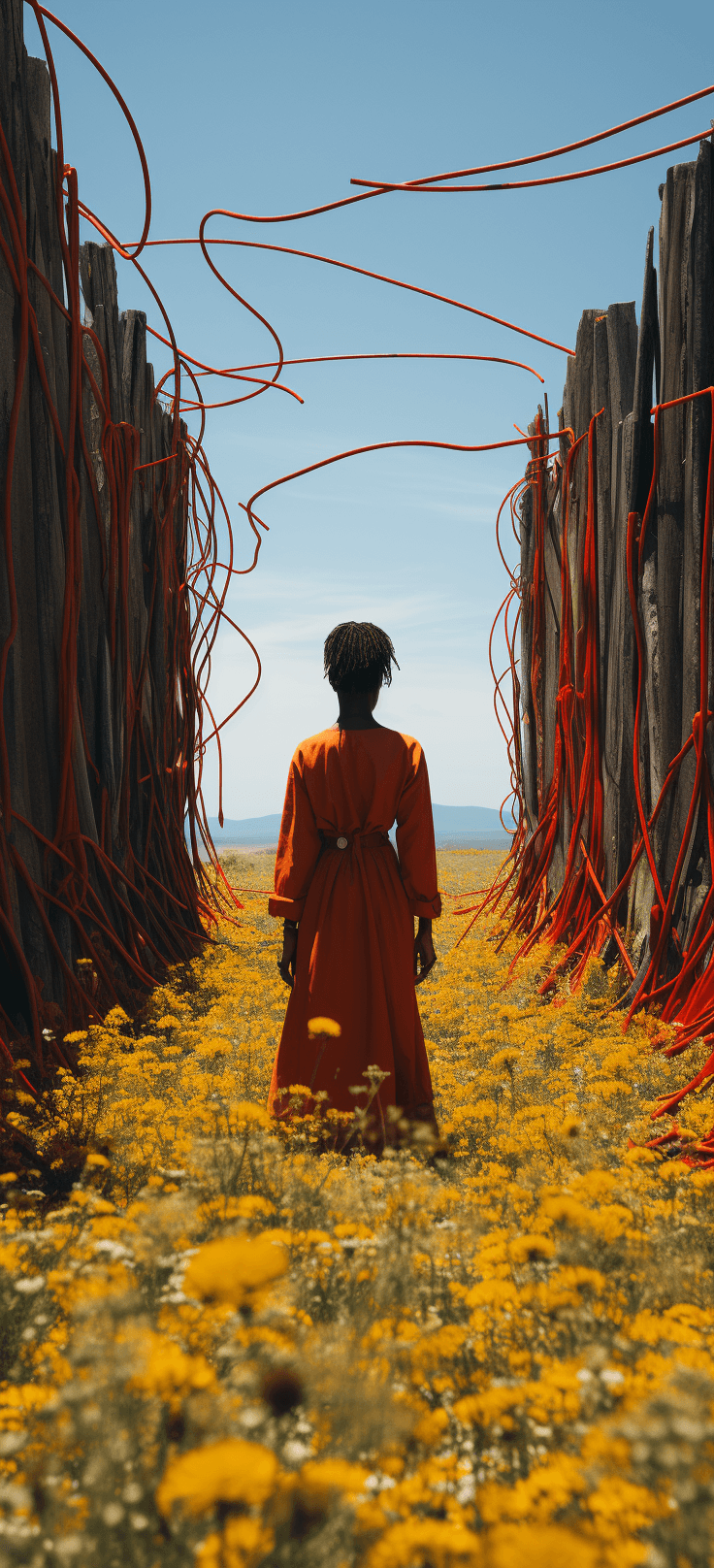 AI generated: instagram shot from behind woman in field, in the style of comical choreography, heavy use of palett...