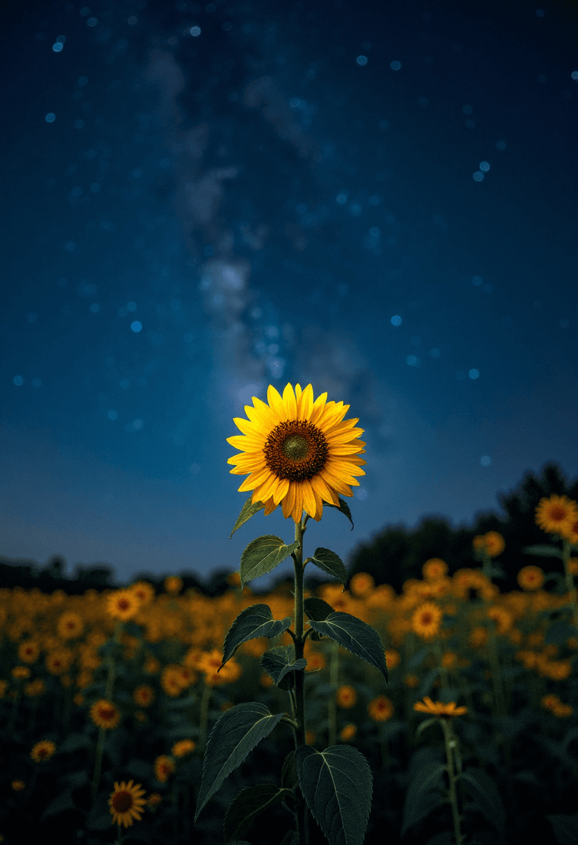 AI generated: 
A single sunflower stands in a field of wildflowers at night. Milkyway Shines brightly in the sky,...