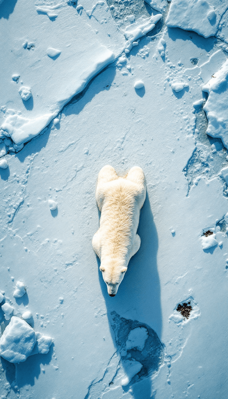 AI generated: Top down aerial shot looking down at a polar bear in a icy tundra --v 6.0 --style raw