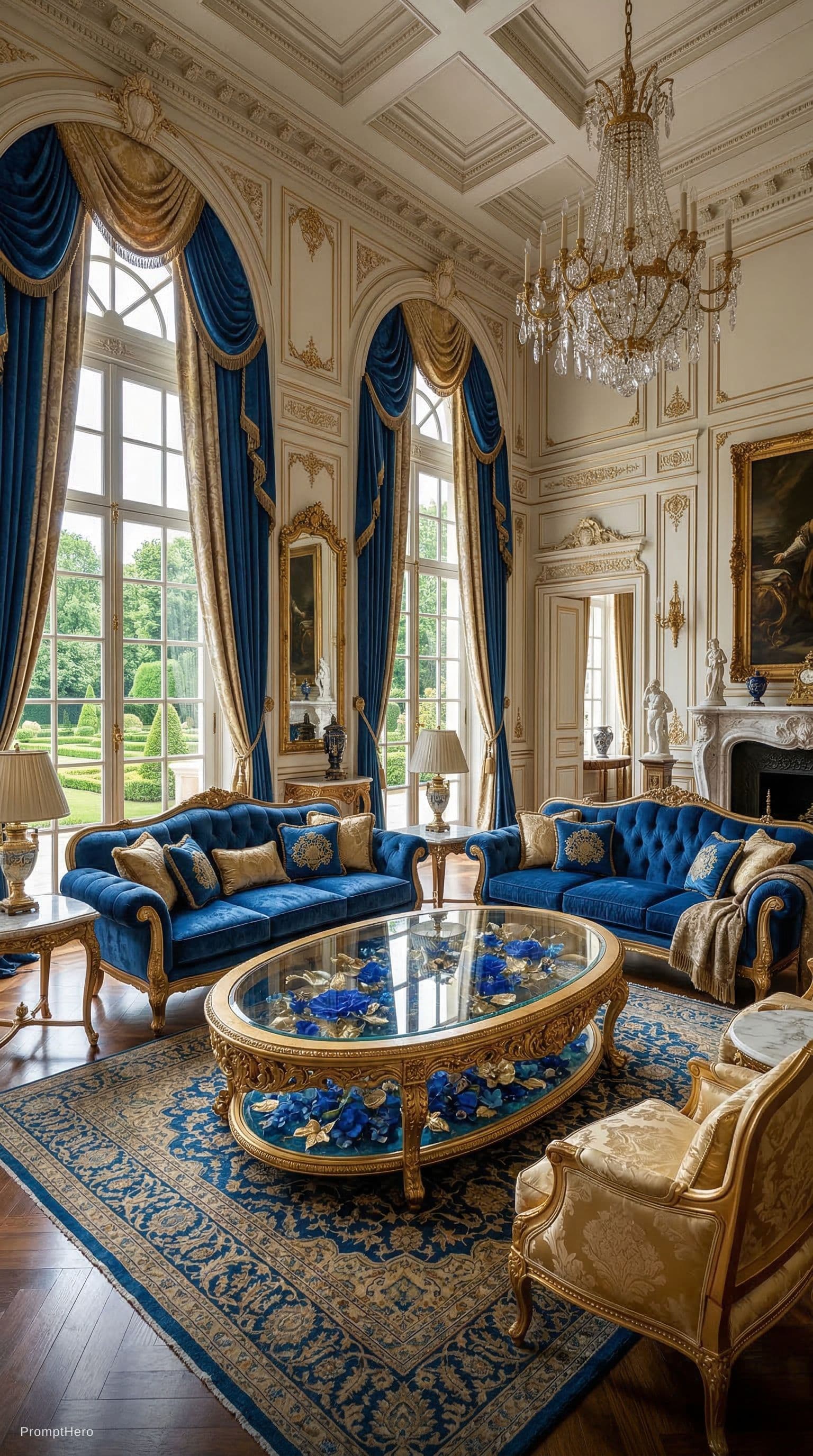AI generated: luxury royal living room interior, blue velvet sofas, tall elegant curtains, large bright windows, o...