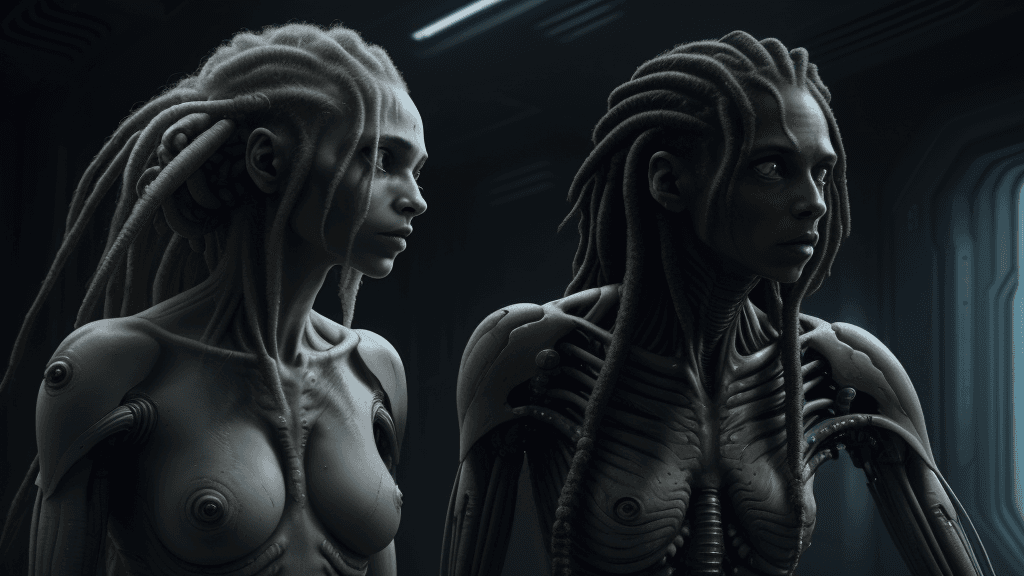 AI generated: a woman with dreadlocks and a body of hair in a scene from the film alien, movie still of a alien cy...