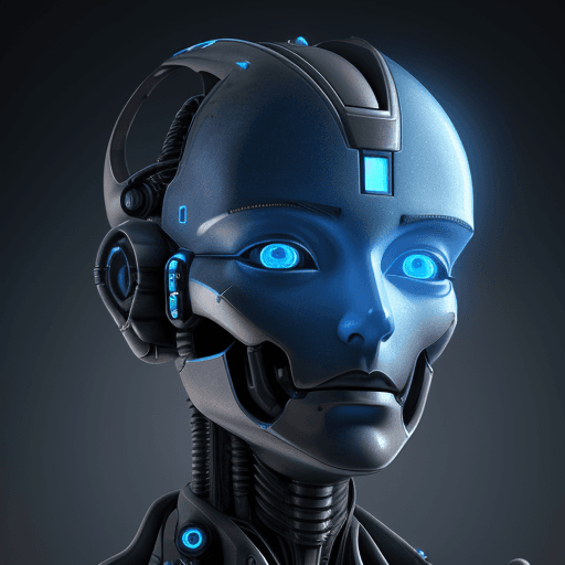 AI generated: a robot's head, in the style of hyperrealistic fantasy, glowing blue eyes, detailed character design...