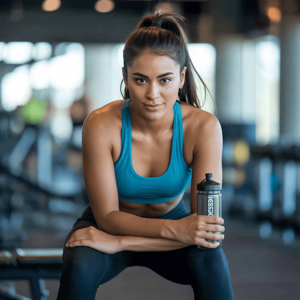 AI generated: selfie of a girl at a gym, waering tight leggings and sports bra