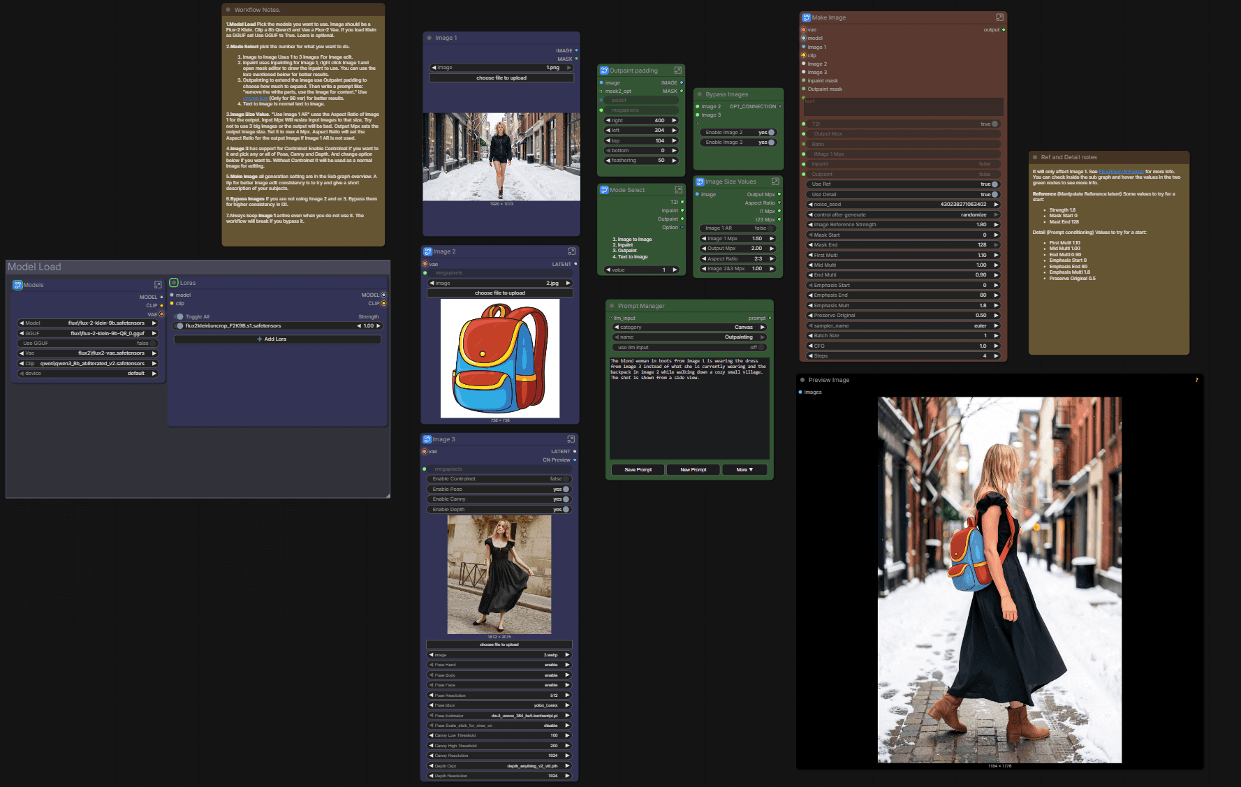 Flux.2 Klein Mix Workflow. Consistency, Enhanced, Image Size control, I2I, T2I, In & outpaint, ControlNets.