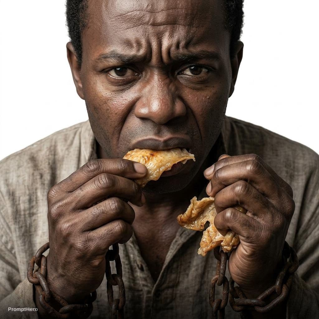 AI generated: i want the same face of the guy but he is chained with his hands and he is eating chicken skin while...