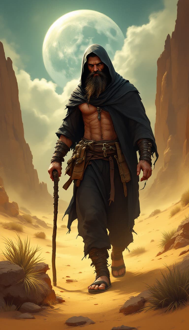 AI generated: Digital illustration. Savage, stubborn hermit, a tall, bearded man in a dark hooded robe that reveal...