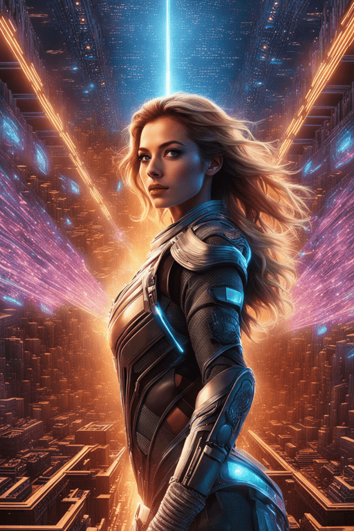 AI generated: Cybernetic action movie protagonist depicted as a female warrior entrenched in a battle within cyber...