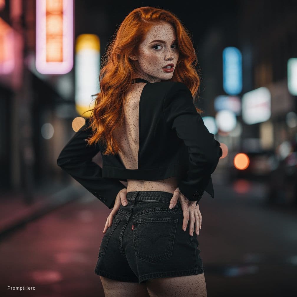 AI generated: masterpiece, amazing quality, 1girl, freckles, bare_ass, solo, long_hair, looking_back, looking_at_v...