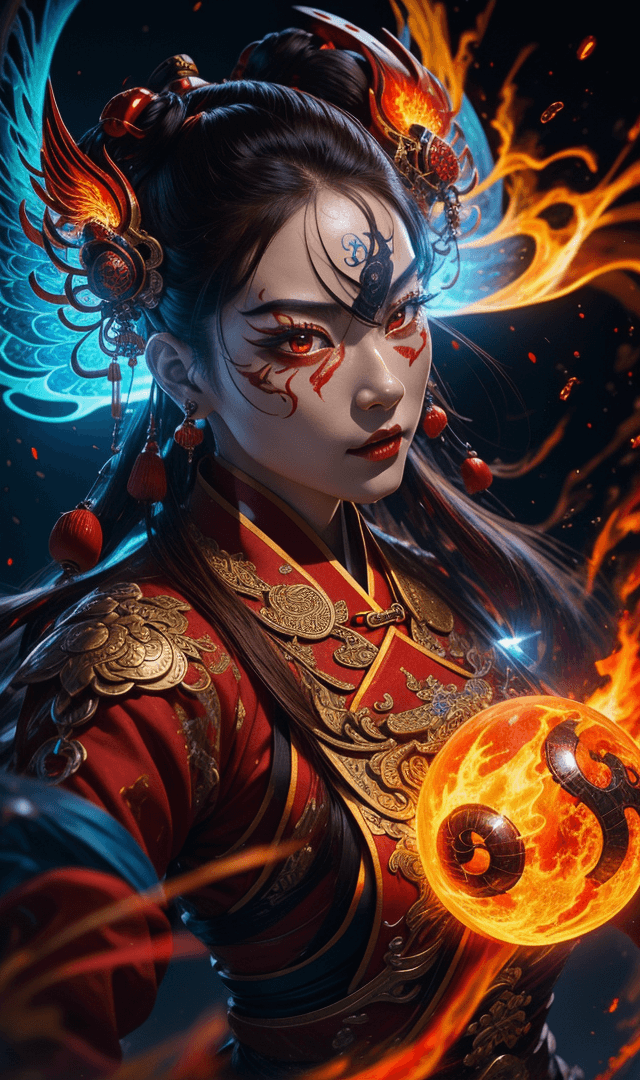 AI generated: a chinese character in a fiery costume with red eyes, in the style of realistic hyper-detailed portr...