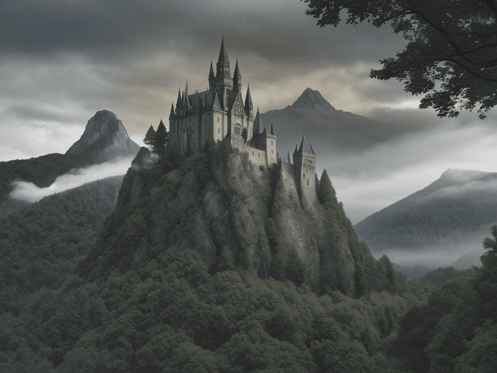 AI generated: A hammer studios horror films castle. Dense foliage with varied tree species, including deciduous an...