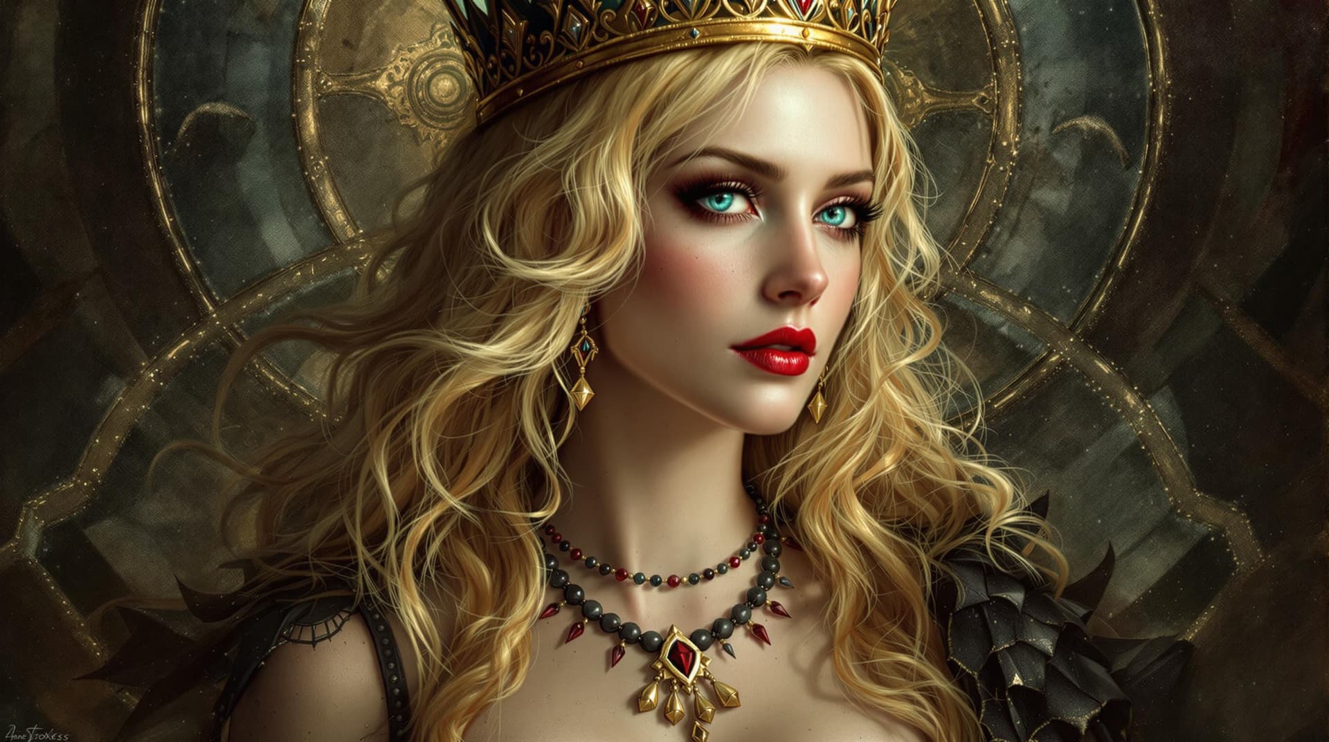 AI generated: a woman with blonde hair and a crown on her head is wearing a necklace, Anne Stokes, gothic art, hig...