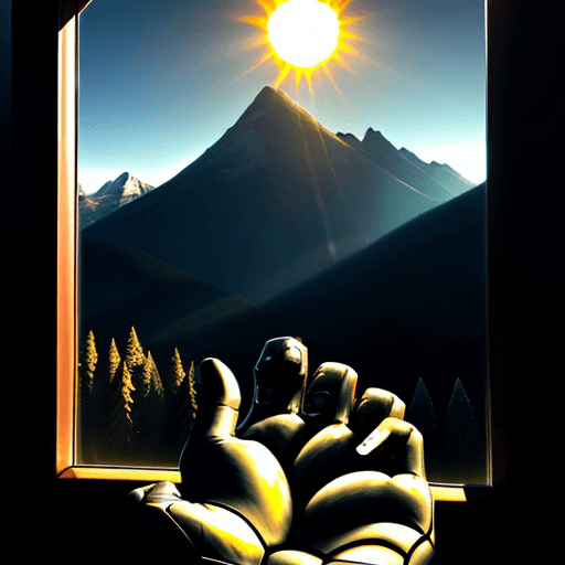 AI generated: Man ,window, plain, mountain, forest, sky, sun, bird, dragon, skull hand.