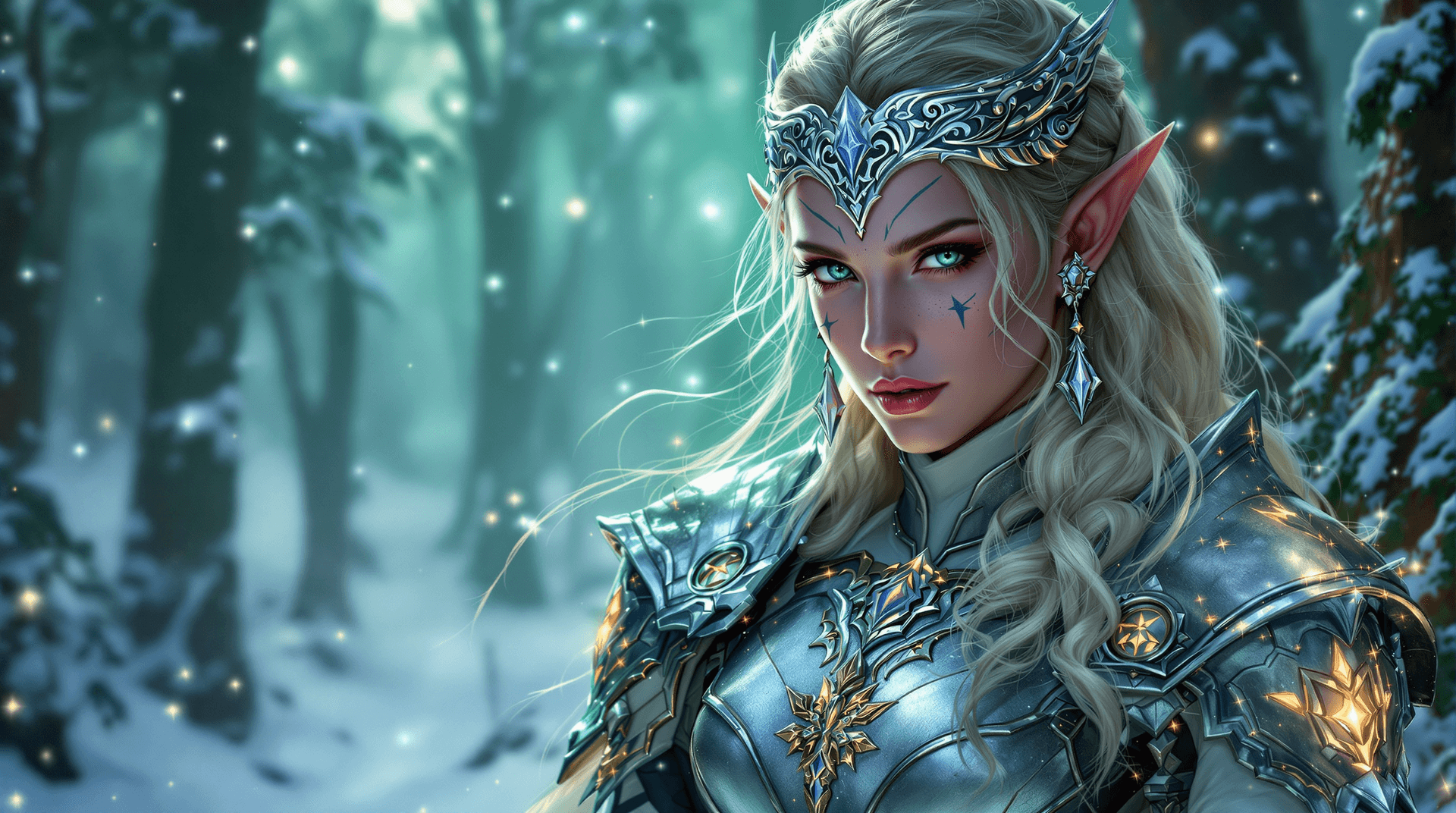AI generated: An elven warrior queen in silver armor, fantasy art, backlit by a magical forest glow, mystical and ...