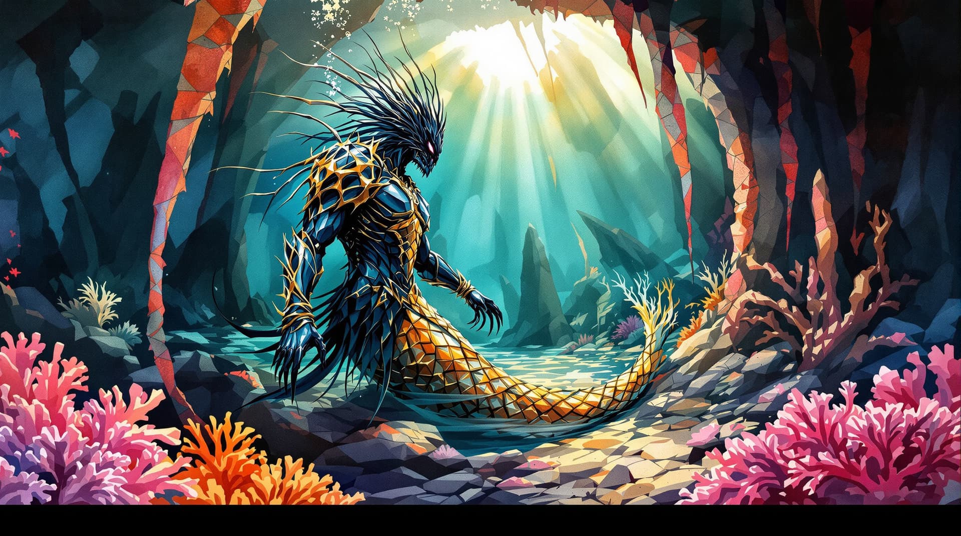 AI generated: watercolor ink wash illustration featuring, bold rich underwater coral gradients and colors
 The ov...