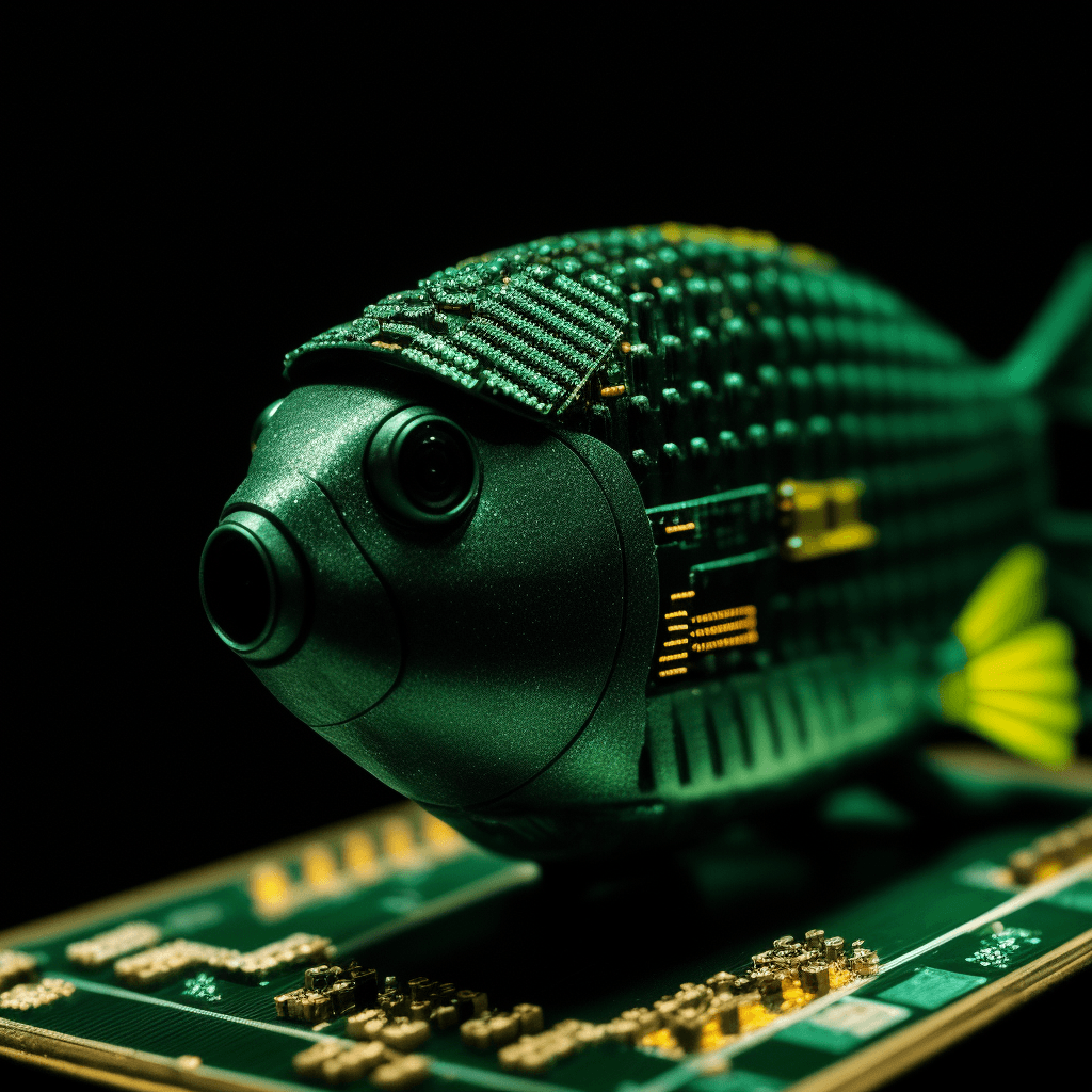 AI generated: made of circuit board,a fish made of circuit board,[(cinematic atmosphere), RAW photo shot by dslr F...
