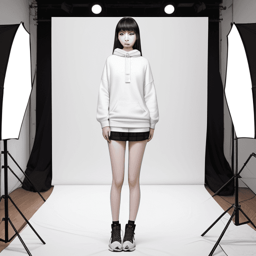 AI generated:  Full-body shot of a Chinese femalemodelwearing a comfortable sweatshirt,standing infront of awhite ...