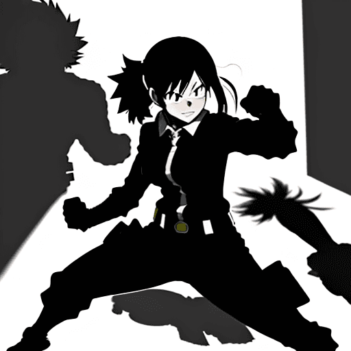 AI generated: manga, anime, horikoshi kouhei, my hero academia, girl in fighting stance with shadows around her