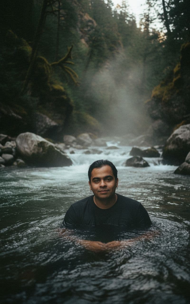 AI generated: hot spring in  a wild river flow, steam rises from the water, A handsome, stylish young man with. He...